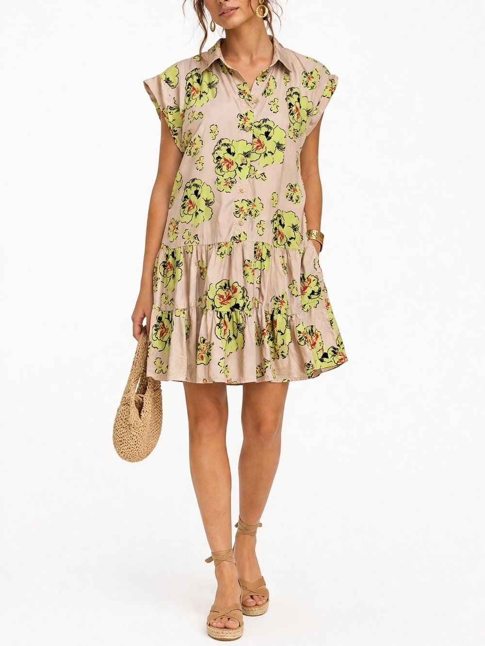 Anthropologie Maeve 100% Cotton Floral Tiered Shirt Dress XXS Babydoll Mini Lime